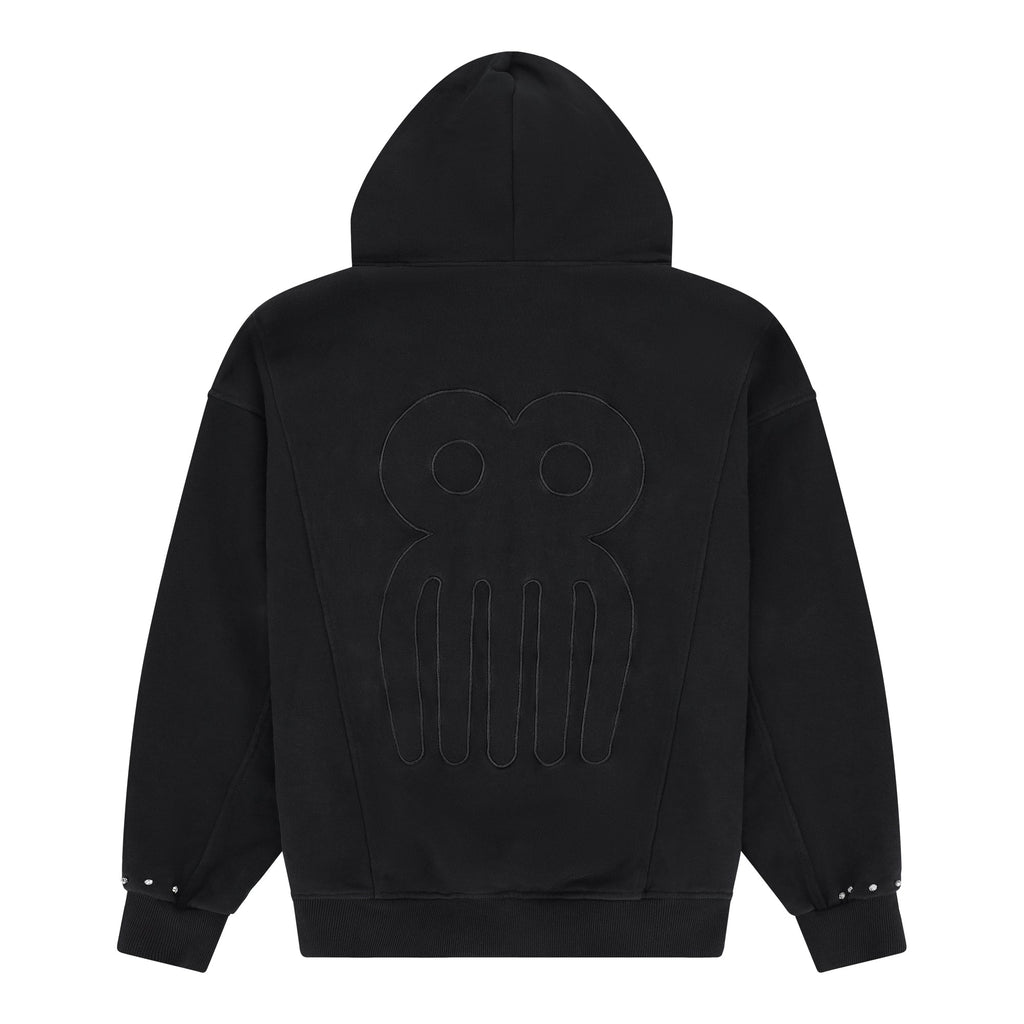 CHACHI Signature Hoodie in black, back view showing embossed Duafe comb