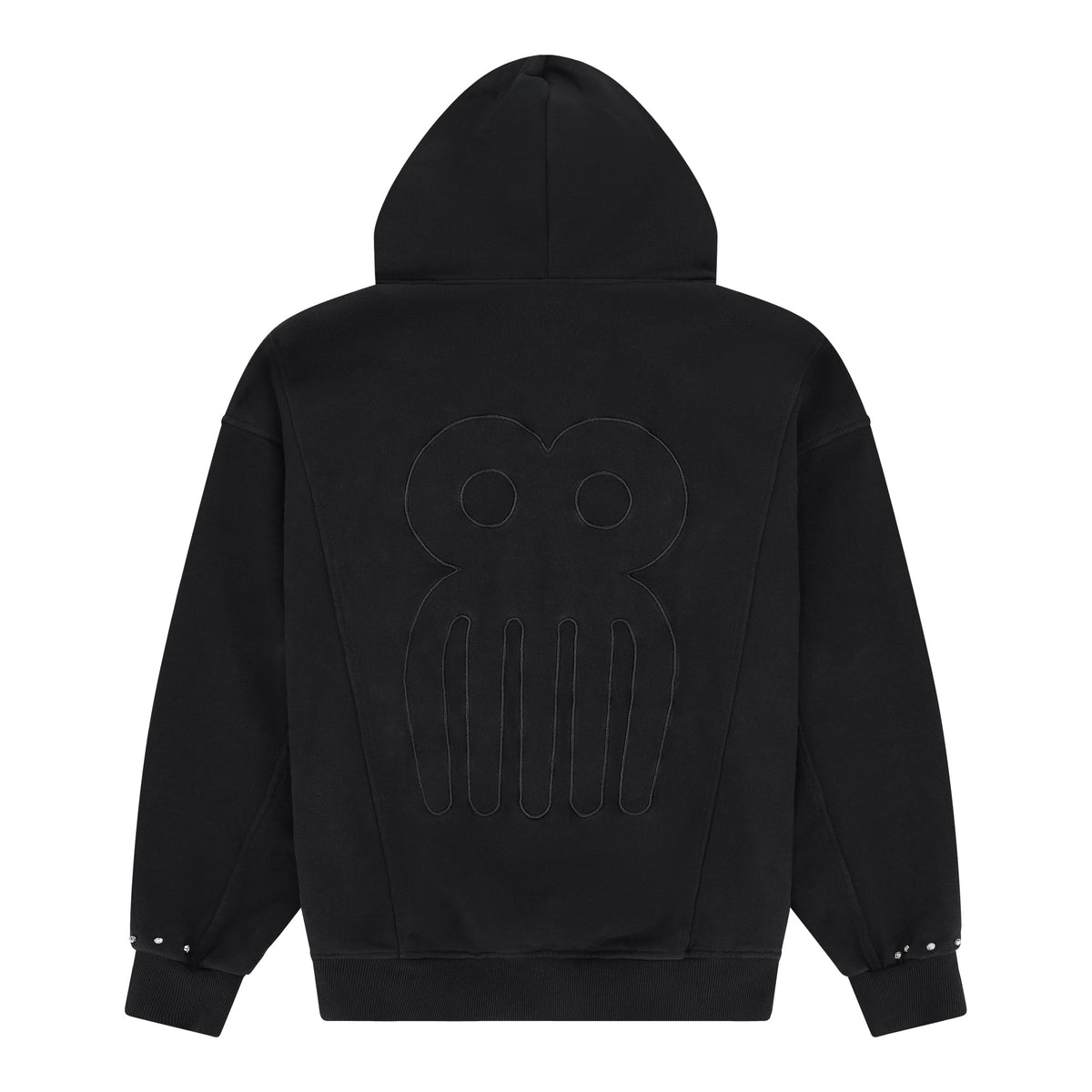 CHACHI Signature Hoodie in black, back view showing embossed Duafe comb