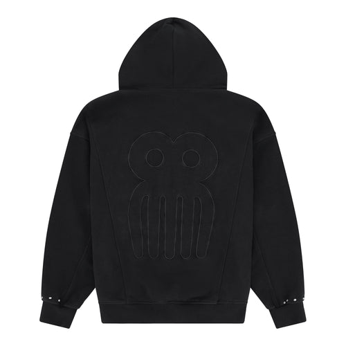 CHACHI Signature Hoodie in black, back view showing embossed Duafe comb