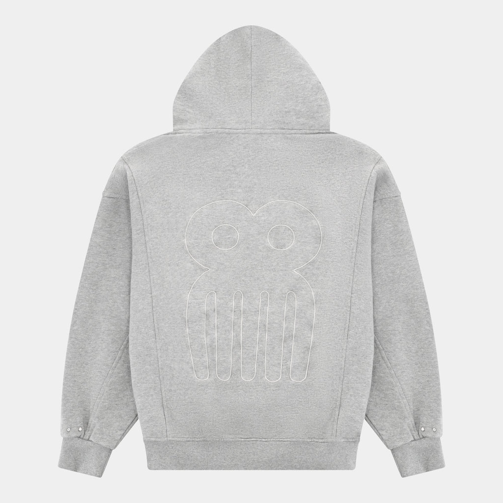 CHACHI Signature Hoodie in gray, back view showing embossed Duafe comb