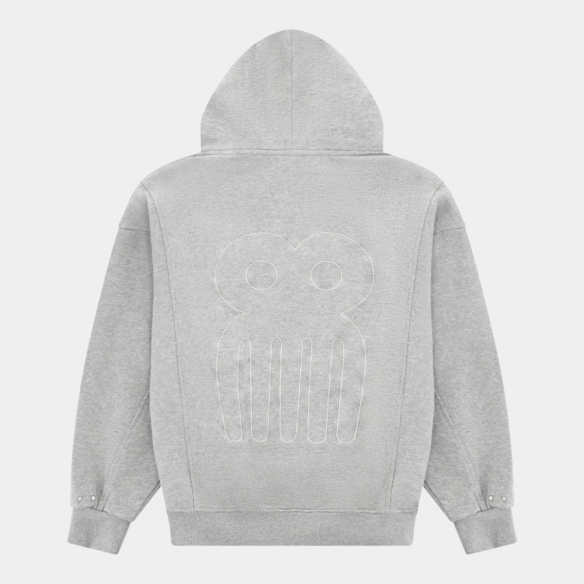 CHACHI Signature Hoodie in gray, back view showing embossed Duafe comb