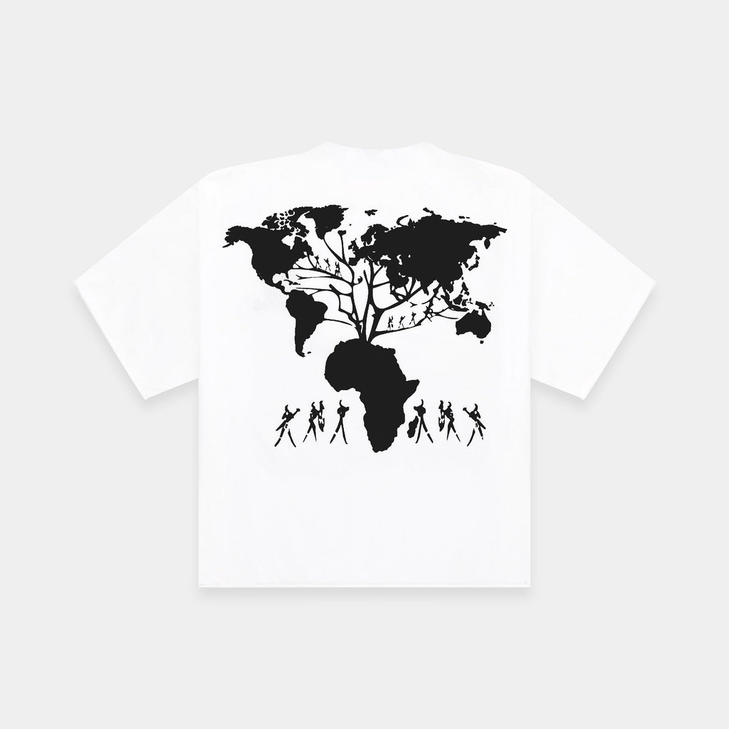 CHACHI Origin Tee in white, back view showing DTG print