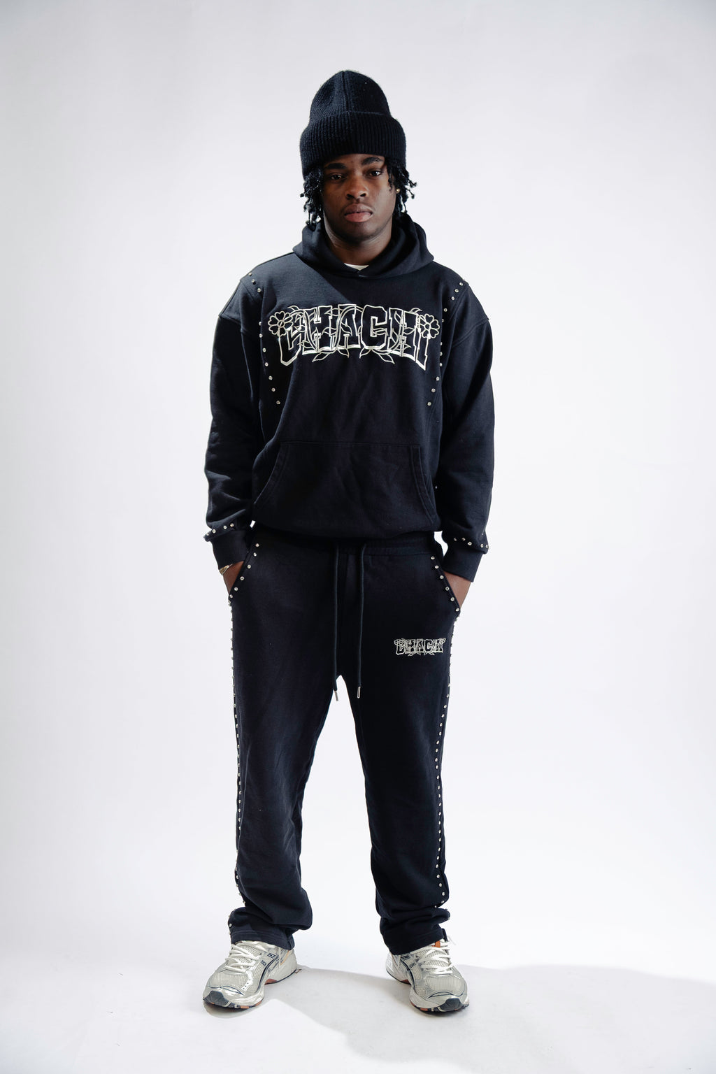 Model wearing CHACHI Signature Hoodie in black